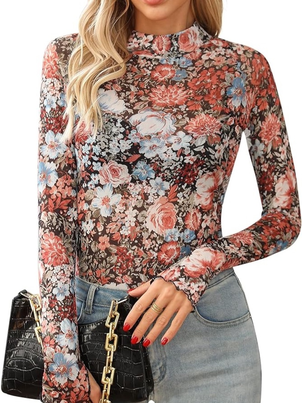 NWT Floral Mesh Mock Neck Long Sleeve Sheer Top Size L